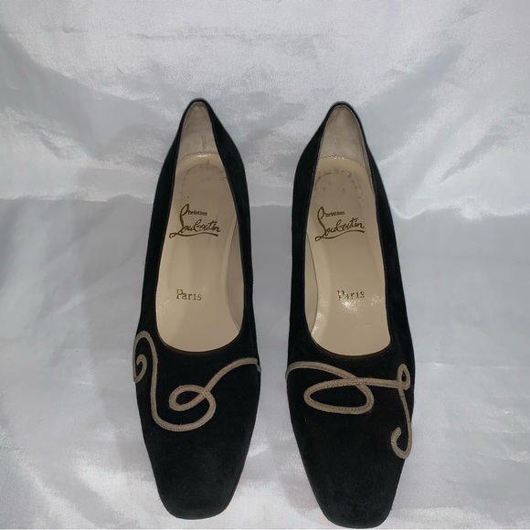 vintage CHRISTIAN LOUBOUTIN size 39.5 black suede block heel PUMPS - Picture 4 of 11